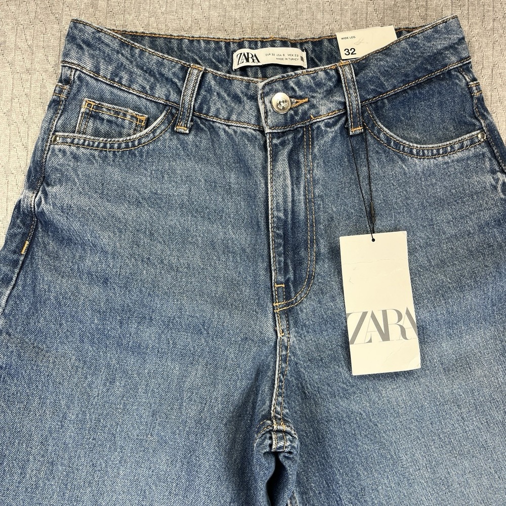 New ZARA baggy wide leg Jeans Women (0)24X32 High Rise Light‎ Wash  disco - Picture 13 of 16